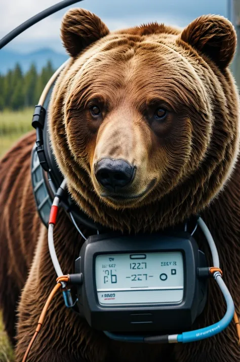 A face of a bear with cables coming out of its head 