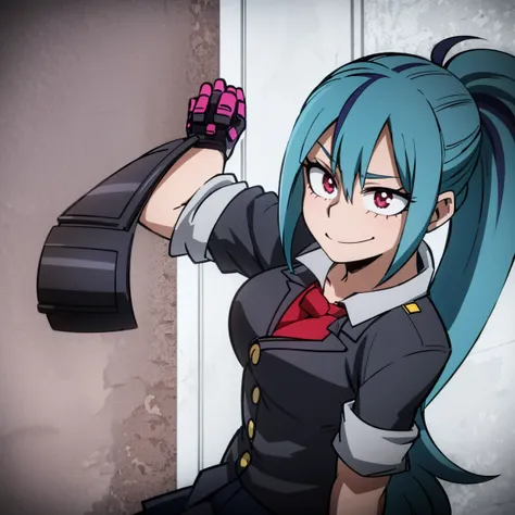 1girl, solo, fair skin, smile, big chest, long ponytail hair, blue hair, dark blue streaked hair, multicolored hair, two-tone hair, pink eyes, blue eyeshadow, gray jacket, red tie, white shirt, teal skirt, u.a, UA uniform, Kohei Horikoshi, My Hero Academia