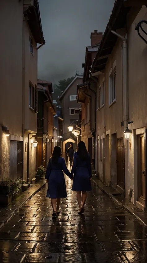 night　Light from the window　Scene of family gathering　Woman walking and peeking　A cobblestone road in light rain　alley　cheap fabric dresses