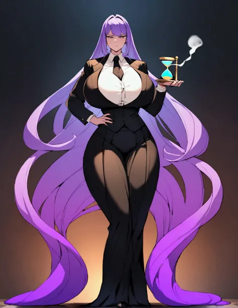 A bartender with long purple hair, with a curvy and voluptuous figure with an hourglass figure, smoking, with a serious face and tall body