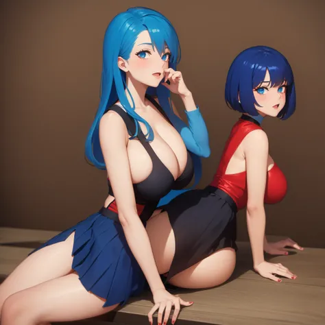 She is naughty, with big breasts, a red neckline, she wears blue hair and a short skirt