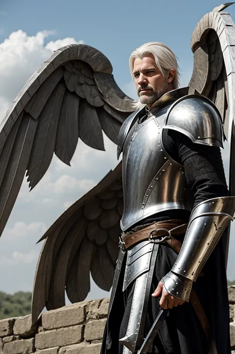 Setting set in medieval times. White-haired strong man with black armor and gray wings