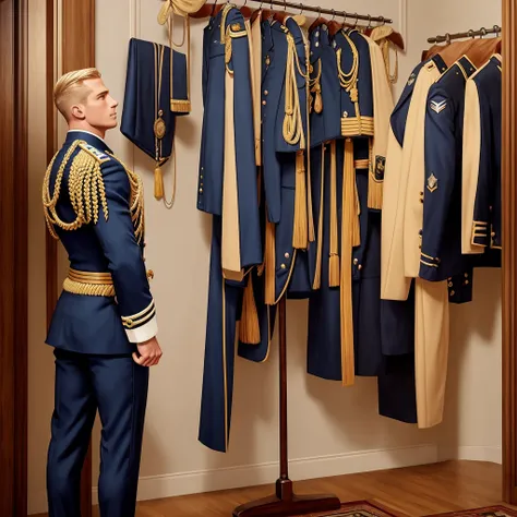 leyendecker style illustration : a handsome blond guy, 17 years old, looks at the ceremonial officer's uniform of a "navy seal" ...