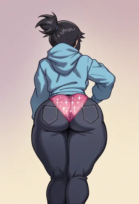 (masterpiece, best quality:1.3), Rizdraws, Thin Lineart, Soft Lineart, Soft Shading, from behind, wide butt, thick thighs, tall women, black hair, mean look, navy blue hoodie, whaletail, pink sparkly panties, black jeans 