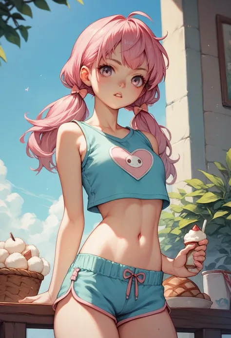 1 pretty woman, short pink hair with pigtails, small waist, skinny, small crop top, cotton short pajama shorts,