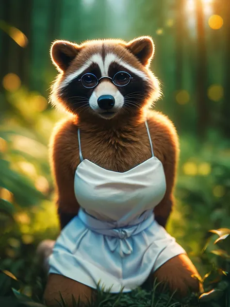 (Sumilux f1.4 75mm , low Latitude old color negative film , cross process , bokeh, flare, chromatic aberration , soft focus, (Shallow focus) , soft glow , Maximum aperture, High Key , Transparent depiction) , realistic female raccoon dog , butter face , tw...