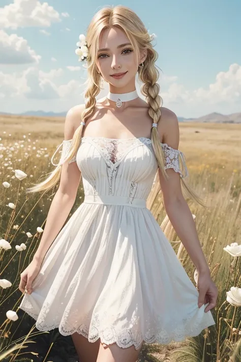 ryuseilan,inoriac,1girl, blonde hair, braid, breasts, choker, dress,((prosthetic arm, fake arm)), flower, gradient hair, grass, holding, holding flower, lace-trimmed dress, lips, long hair, mole, mole on neck,golden hair, nail polish, off shoulder, outdoor...