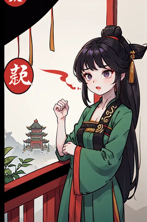 ( best quality, ancient china, a girl, opaque green chinese long dress), long hair tied in two tomatoes, black hair, purple eyes