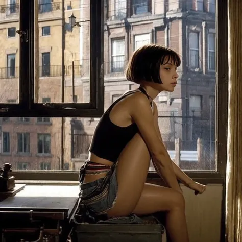 mathilda, there is a girl sitting on a window sill looking out, a picture by nan goldin, flickr, fantastic realism, amelie poula...