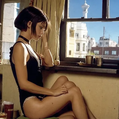 mathilda, there is a girl sitting on a window sill looking out, a picture by nan goldin, flickr, fantastic realism, amelie poula...