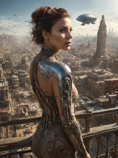 1girl, solo focus, looking back, balcony, city street, insanely detailed and intricate scifi cityscape, circuits, airship, photo...