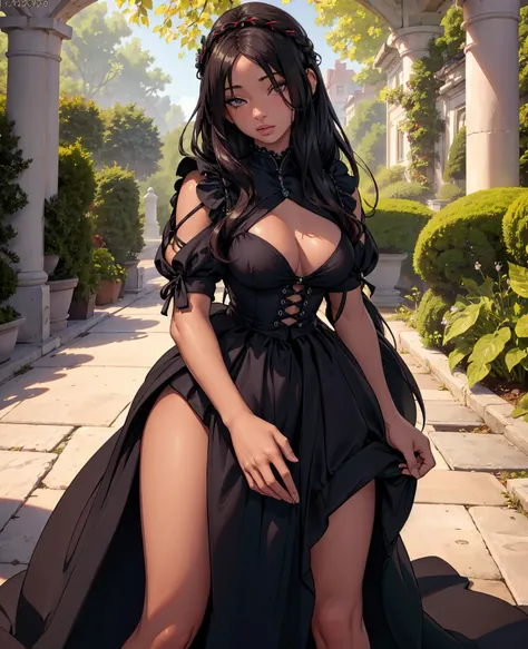 a beautiful girl with long dark hair wearing a maid outfit, extremely detailed eyes and face, longeyelashes, beautiful detailed lips, detailed intricate dress, standing in a lush garden with willow trees, sunlight filtering through the leaves, warm color p...