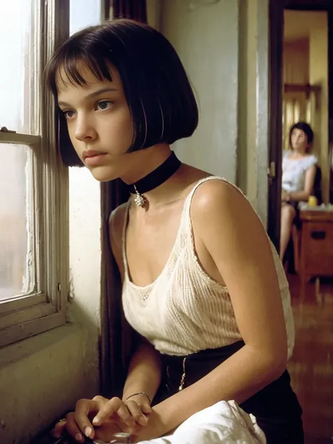 mathilda, there is a girl sitting on a window sill looking out, a picture by nan goldin, flickr, fantastic realism, amelie poula...