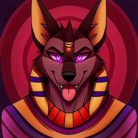 (masterpiece, best quality:1.2), Vortex male anubian jackal hellhound, wolf, furry, helluva boss, hypnotized with glowing purple eyes, tongue out, egyptian pharaoh clothes