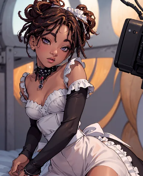 a beautiful young woman, maid servant, willow smith, detailed portrait, delicate facial features, long eyelashes, big eyes, elegant hair, intricate dress, soft skin, warm lighting, rich color palette, cinematic composition, photorealistic quality, masterpi...