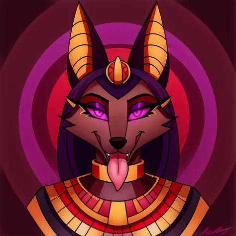 (masterpiece, best quality:1.2), Vortex female anubian jackal hellhound, wolf, furry, helluva boss, hypnotized with glowing purple eyes, tongue out, egyptian Pharaoh clothes