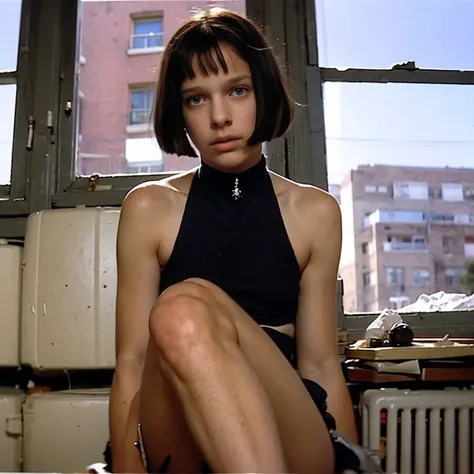 mathilda, there is a girl sitting on a window sill looking out, a picture by nan goldin, flickr, fantastic realism, aeon flux st...