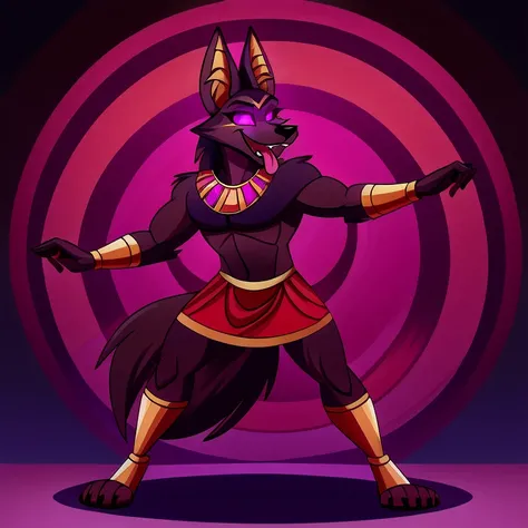 (masterpiece, best quality:1.2), Vortex anubian jackal hellhound, wolf, furry, helluva boss, hypnotized with glowing purple eyes, tongue out, egyptian Pharaoh clothes, dancing ridiculously