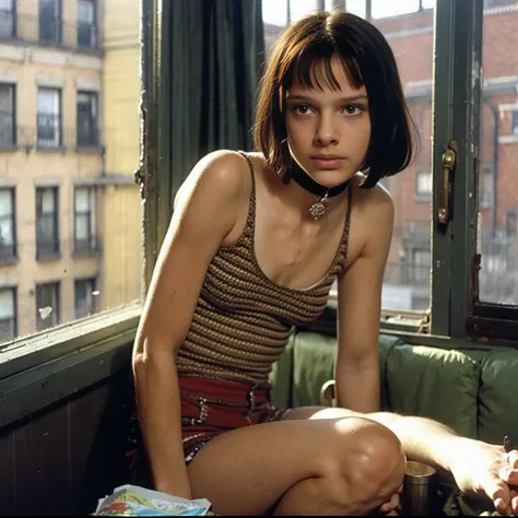 mathilda, there is a girl sitting on a window sill looking out, a picture by nan goldin, flickr, fantastic realism, aeon flux st...