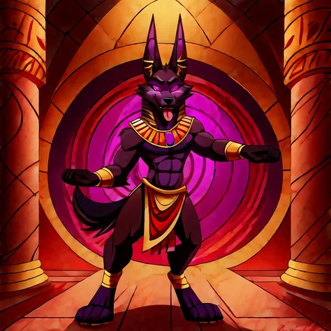 (masterpiece, best quality:1.2), Vortex anubian jackal hellhound, wolf, furry, helluva boss, hypnotized with glowing purple eyes, tongue out, egyptian pharaoh clothes, dancing ridiculously, egyptian temple background