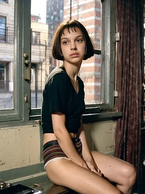 mathilda, there is a girl sitting on a window sill looking out, a picture by nan goldin, flickr, fantastic realism, amelie poula...