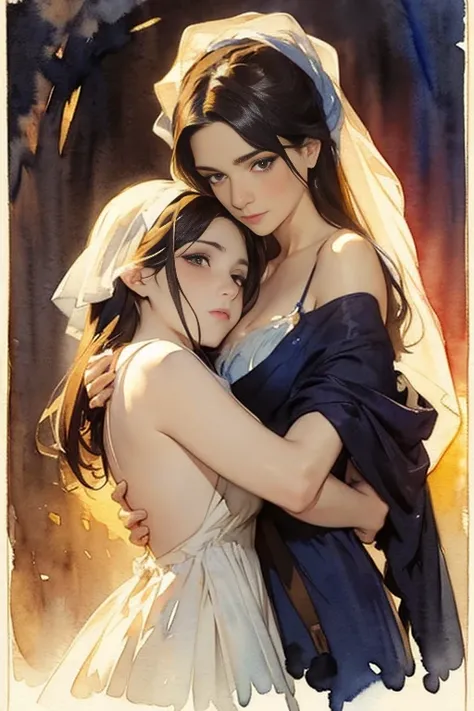 (((Watercolour by singer Sargent)))
 Adult beautiful Mexican woman, Spaghetti Strap Dress,  Gazes at the viewer while embracing affectionately, Pulling the hair back, head band, Captivating female gaze, Dark Eyes,