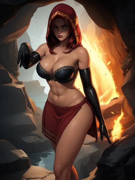 Dsorceress, redhair, shadowy face,dark cave, fire, hood, shadowed face, strapless bra, slim and athletic body, miniskirt, no panty, elbow gloves, dark skin, 1 girl (insanely detailed, masterpiece, best quality)