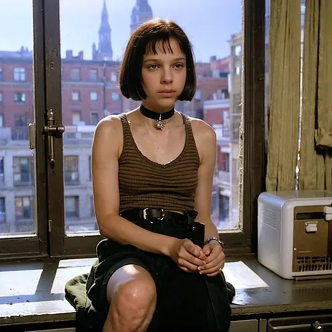 mathilda, there is a girl sitting on a window sill looking out, a picture by nan goldin, flickr, fantastic realism, aeon flux st...