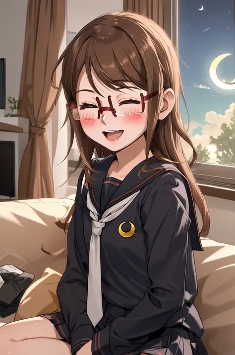 Highest quality, masterpiece, High resolution, alone, {full moon_Fleet Collection:1.15}, Long Hair, Brown Hair, Glasses, brown_eye, red-framed_Glasses, semi-rimless_Glasses, Crescent Moon, black_Seraphim, blush, Under Rim_Glasses, One girl, Closed_eye, Ope...