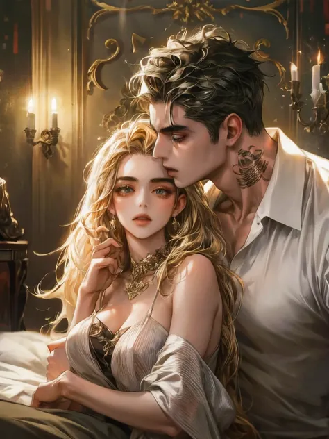 handsome young man kissing his girlfriend in his bedroom, he is a mafia boss with tattoos on his arm, she is sexy and beautiful,...