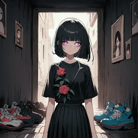 2人のgirl、Buckshot、Bobcut、Black Hair、Blunt Bangs、PC in the room、Horizontal composition、Step Piece、Highest quality、Best illustration、Super detailed、girl、Pink Rose Long Hair、Black Shirt、Pleated skirt、Side braided hair、crazy、standing with an eerie feeling、Ruine...