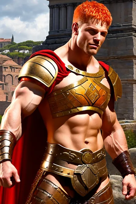 Ancient Rome. Muscular, with a carefully shaved face, without beard or mustache, handsome, in battle armor, blond centurion of the Roman army, 45 years old. He fucks in the ass a red-haired slave boy, 16 years old, poorly dressed, who is in love with him. ...