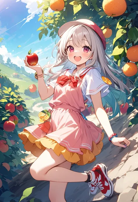 Highest quality、High resolution、Detailed Background、Beautiful face in every detail、Teenage beauty、Highly detailed face、
Light color hair、cute髪型、Fun atmosphere、A big smile、Apple、mandarin orange、peach、Grape、On top of a hill with a blue sky、wood々The sunlight ...