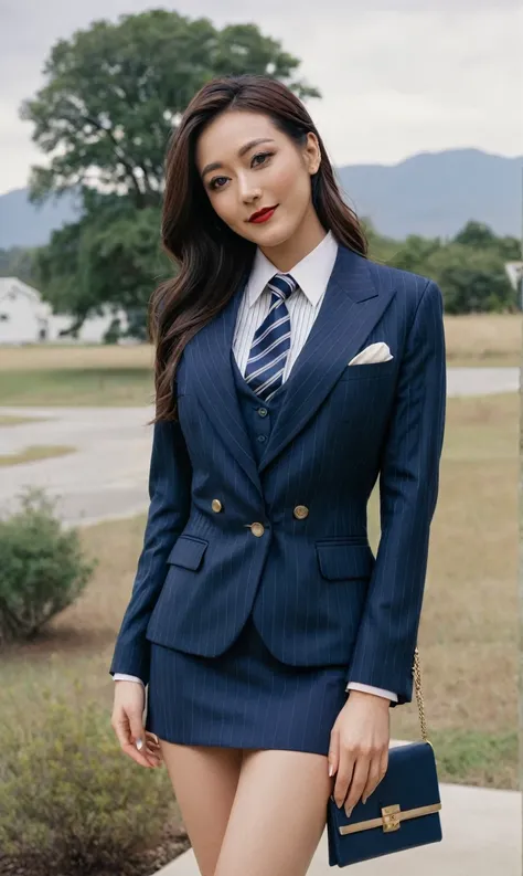 a beautiful picture of fukuharaXL ,woman,detailed skin texture,masterpiece, photorealistic, light, RAW color photo,(fully in frame:1.1), (blush:0.5), (goosebumps:0.5),(((navy pinstripe silk skirt suit))), (((three-piece suit))), (((light blue dress shirt w...