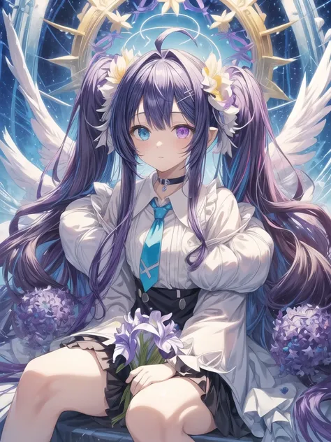 pretty, anime, pastel, neon, vtuber-fullbody vtuber-halfbody, kawaii Masterpiece, young woman, sitting down, parted lips, black eyes, fluffy curly hair, bangs, ahoge, light brown hair, rosy cheeks, short sleeve, black and purple dress, puffy sleeves, black...