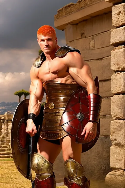 ancient rome. muscular, with a carefully shaved face, without beard or mustache, handsome, in battle armor, blond centurion of t...