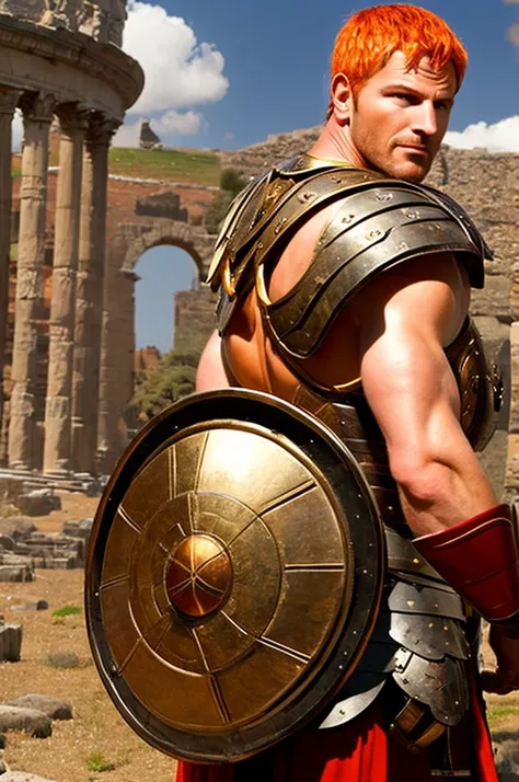 ancient rome. muscular, with a carefully shaved face, without beard or mustache, handsome, in battle armor, blond centurion of t...