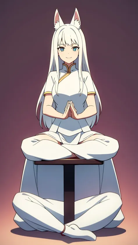 1girl ,solo,20s,mature female,white hair,long hair,fox ears,(simple background),white shirt,white skirt,smile,LotusPosition,Lotus Position,sitting