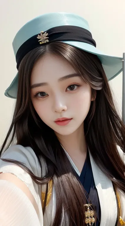 a closeup of a woman with long hair and a hat, Yoshitomo Nara, dilraba dilmurat, with a cute face - fine, chiho, chen xintong, Sha Xi, Xision Wu, motto hole, Marin Kitagawa, Beautiful face of Japanese girls, pretty-face-fine girl