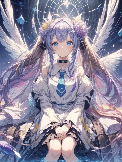 pretty, anime, pastel, neon, vtuber-fullbody vtuber-halfbody, kawaii Masterpiece, young woman, sitting down, parted lips, black eyes, fluffy curly hair, bangs, ahoge, light brown hair, rosy cheeks, short sleeve, black and purple dress, puffy sleeves, black...