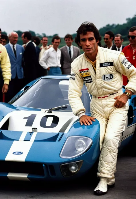 Ayrton Senna with a Ford GT40 MK1 in the background