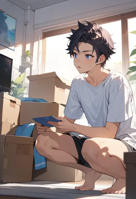 masterpiece, best quality, extremely detailed, ultra detailed, flat anime, 2D,
((1boy)),black hair, (short hair:1.5),blue eyes, height 1.7meters,  (circle eyes:1.2),  (young adult:1.2), Ear-length sideburns,
long Sleeves, White T-shirt, barefoot, 
squattin...