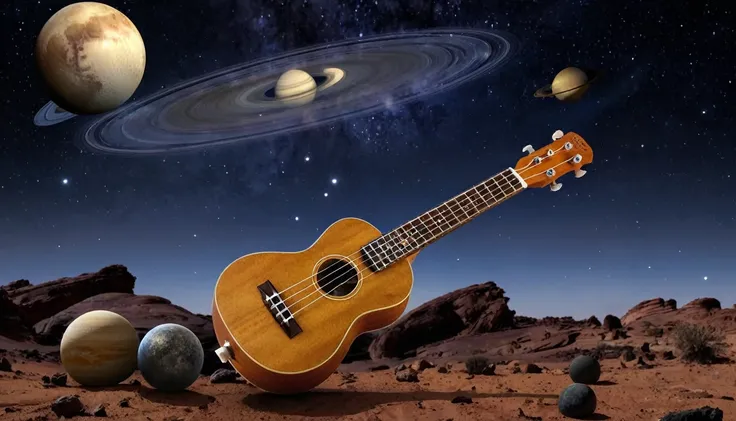 Ukulele, por Genevieve Naylor (Planet Venus, marte, Pluto, saturn in the background); HD image