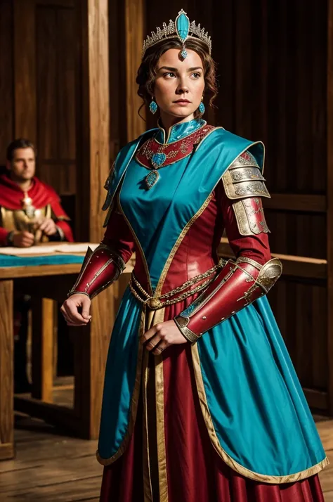 Setting set in medieval times.
An adult queen dressed in red armor, An adult queen dressed in blue armor, An adult queen dressed in turquoise armor.