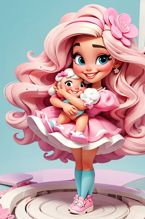 baby  digital illustration, realisitic, Sheep style, extravagant, vivid image, (work of art, best qualityer:1.2),，Barbie, eyes large，blond, pink fushia bow in hair, cute expression，with light blue cotton candy in hand, perfect, ninth time, Photo of the cen...