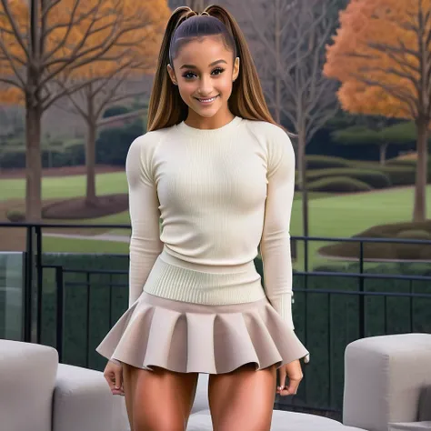 ariana grande, stunning face, full body, Sexy toned girl tight long sleeve wool sweater bulging muscles strong biceps thighs very short skirt, smiling, sexy pose