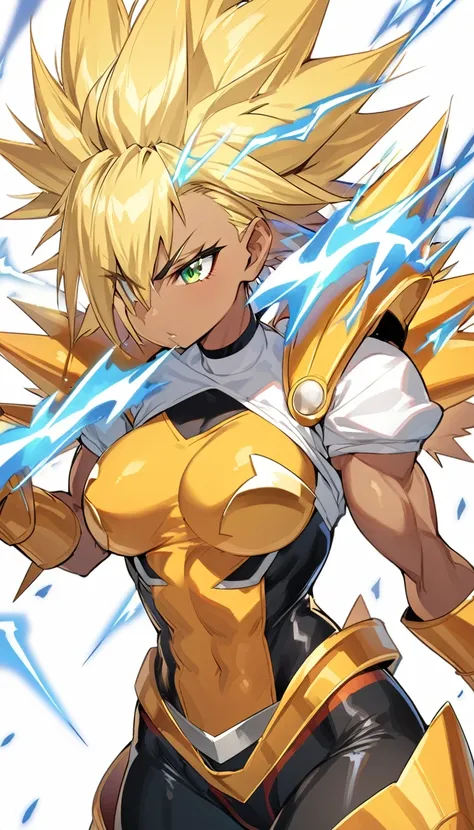 a girl, Saiyan, super saiyan, super saiyan, spiky blonde hair, green eyes, defined muscles, thin waist, wide hips, dark skin, medium breasts, tight clothes, white t-shirt, black pants, blue lightning around her
