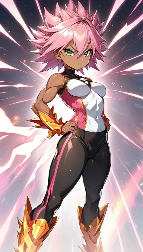 a girl, Saiyan, super saiyan pink hair, super saiyan rose, spiky, green eyes, defined muscles, thin waist, wide hips, dark skin, medium breasts, tight clothes, white t-shirt, black pants, pink rays around, black rays around
