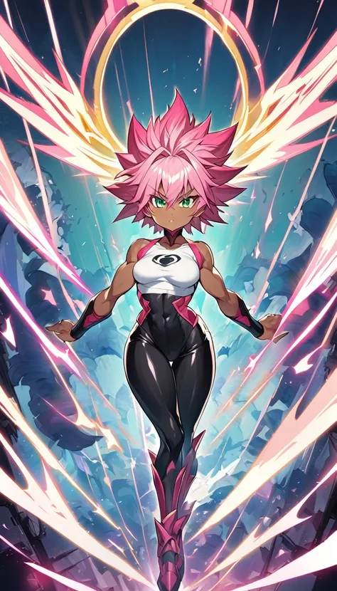 a girl, Saiyan, super saiyan pink hair, super saiyan rose, spiky, green eyes, defined muscles, thin waist, wide hips, dark skin, medium breasts, tight clothes, white t-shirt, black pants, pink rays around, black rays around
