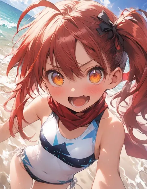 white color scheme,sky-themed clothes made out of bikini and sky motifs..cute　One-piece swimsuit,pareo,beach, red hair,, two tone hair, shiny hair, jewelry, ,,, dynamic angle, best quality,,,、,10 years old, ,(blooch:1.25), red scarf, ,,,red,ribbon, red hai...